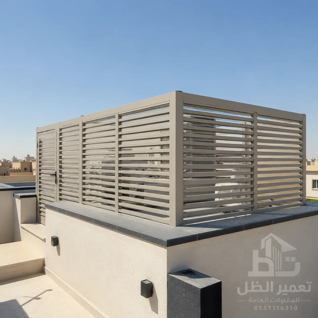 ساتر شرائح ألمنيوم فاتحة يحيط بسطح منزل في جدة