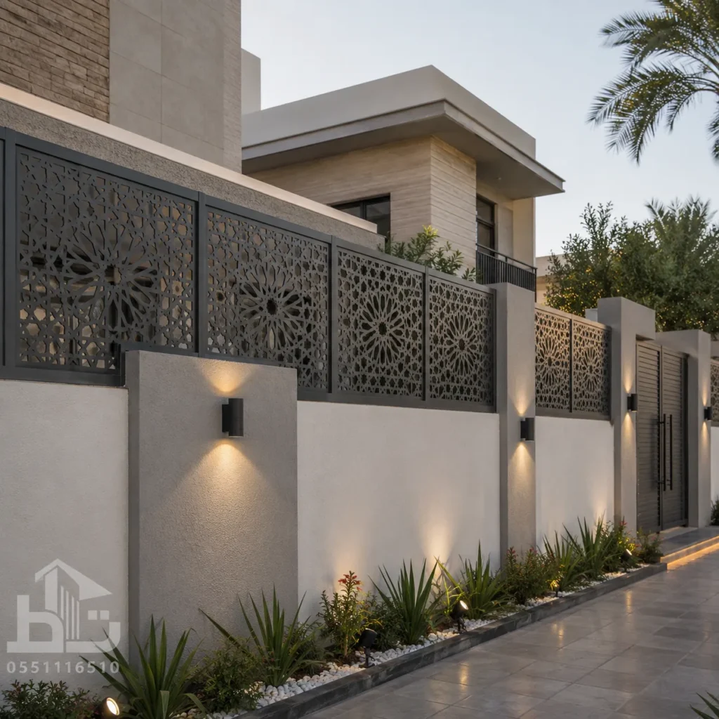 ساتر ليزر أسود بنقوش هندسية على جدار منزل في جدة