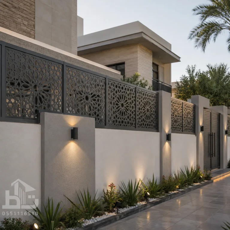 ساتر ليزر أسود بنقوش هندسية على جدار منزل في جدة